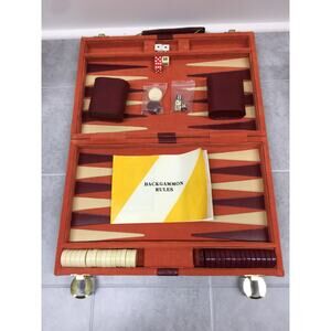 Vintage Backgammon Set Orange Corduroy Case and instructions
